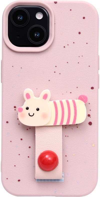 Casemania Hoesje Geschikt voor Apple iPhone 13 - Roze - Siliconen Back Cover met Vingerhouder - Konijntje Telefoonhoesje met Ring - Bunny Softcase Backcover voor Meisjes - Telefoon Grip