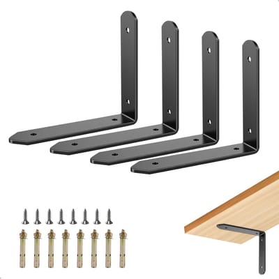 Verstelbare L-vormige metalen wandsteunen set van 4, 14 cm lengte, 25 kg draagvermogen per paar voor wandplanken in woonkamer, keuken en badkamer, zwart