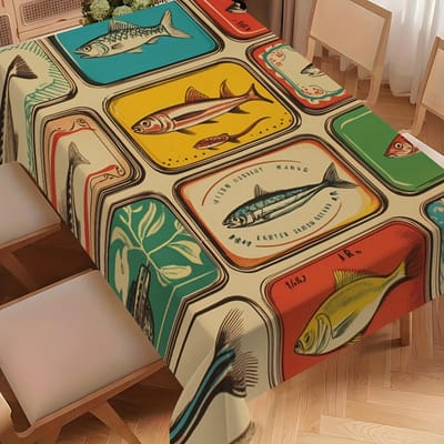 Zomer Sardine Thema Rechthoekig Tafelkleed voor Tafeldecoratie Herbruikbaar Boerderij Keuken Eettafelkleed Vakantiefeest Decoratie 90x140cm black