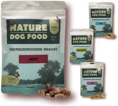 4x Nature dogfood gevriesdrooge snacks Zalmsnack, eend, sruisvogel en herten vlees lakse Merk Nature Dog Food Variant Hert Inhoud verpakking 75 gram Productsoort Gevriesdroogde hondensnack licht verteerbaar