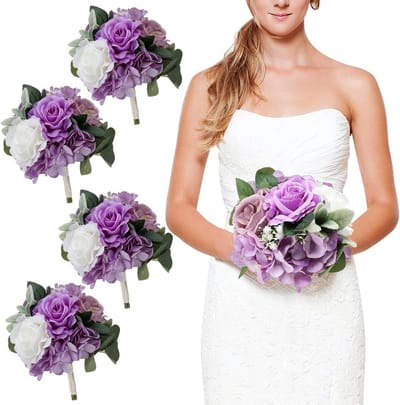 Bruidsmeisje Boeketten - Kunstbloemen Set - Bruiloft Decoratie - Handgemaakt Realistisch - 7 inch - Paars Wit