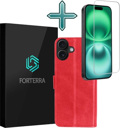 Hoesje Met Screenprotector - Geschikt voor Apple iPhone 16 - Luxe Pasjeshouder - Flipcase - Bookcase Portemonee - Flip Case - Kunstleer Book Case - Book Cover - Walletcase - Portemonneehoes - Rood