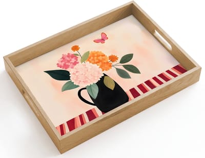 Dienblad hout 40x30 cm - Schootdienblad - Vaas - Bloemen - Vlinder - Rood - Borrelplank rechthoek - Plateau dienbladen
