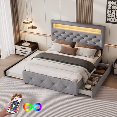 140x200 cm (90x190 cm) gestoffeerd bed - tweepersoonsbed - met uitschuifbed en twee lades - met LED-verlichting - wit - zonder matras