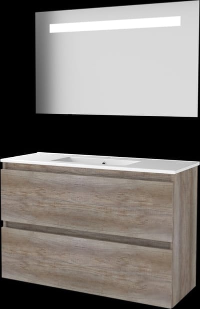 Basic-Line Economic 39 Badkamermeubelset - Ondiep - 100 x 39 cm - Greeploos - 2 Lades - Keramische Wastafel - 1 Kraangat - Spiegel met LED Verlichting - Scotch Oak