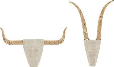 J-Line wanddecoratie Stier - hout/riet - wit/naturel - 2 stuks