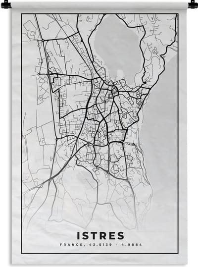 Wandkleed - Wanddoek - Frankrijk - Istres - Kaart - Plattegrond - Stadskaart - Zwart wit - 120x180 cm - Wandtapijt