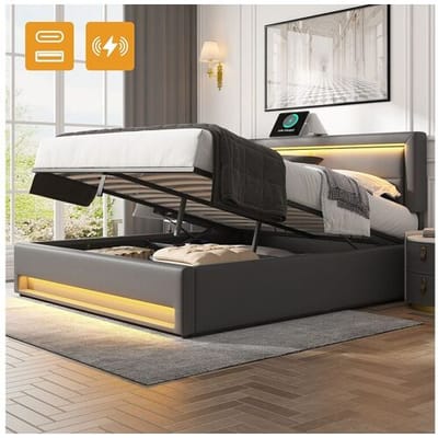 Merax Opbergbed 140 x 190 met hoofdbord - USB- en LED-aansluitingen - PU leer - Lattenbodem - Grijs (zonder matras)
