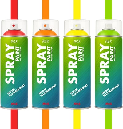 WLX Neon spuitverfset – 4 kleuren, elk 400 ml – snel drogende fluorescerende spuitbussen voor hout, metaal, steen & glas – hoge zichtbaarheid,neon groen, neon rood, neon geel, neon oranje