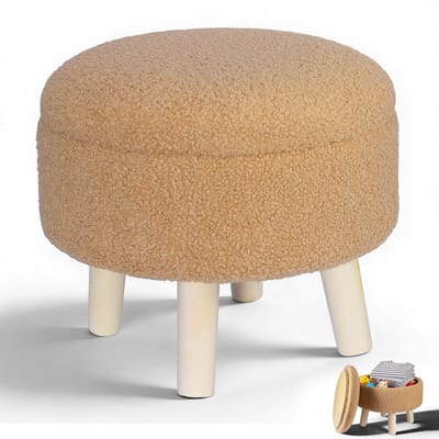Lemlit Ronde Poef met Opbergruimte 34 x 31,5 cm - Teddy Bouclé Voetenbank met Deksel en Houten Poten - Hocker voor Woonkamer Slaapkamer en Hal - Champagne Beige