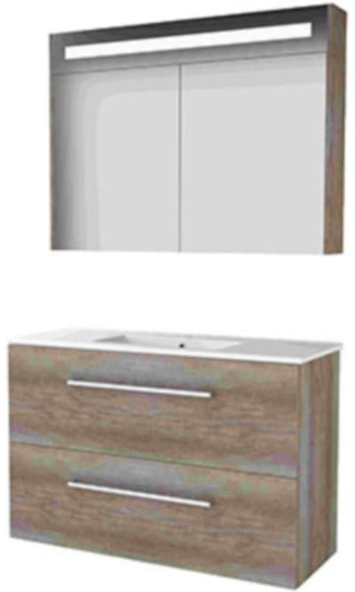 Basic-Line Premium 39 Badkamermeubelset - Ondiep - 100 x 39 cm - Met Grepen - 2 Lades - Keramische Wastafel - 1 Kraangat - Spiegelkast met LED Verlichting - Scotch Oak