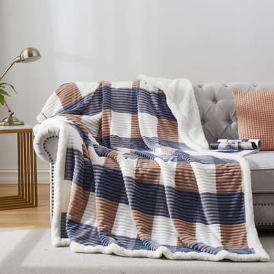 PU MEI Sherpa deken dubbele geruite dikke beddeken, 152 x 203 cm super zacht flanel donzig fleece omkeerbare fluwelen pluche warme deken voor bank (grijs-geruit, 152 x 203 cm)