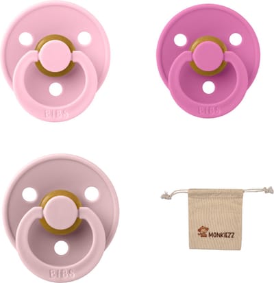 Bibs fopspeen - maat 2 6-18 maanden - 3 stuks – Bubblegum – Baby Pink – Blush + Monkiezz speenzakje