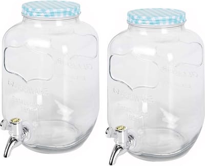 2x stuks glazen drankdispensers/limonadetap met blauw/wit geblokte dop 4 liter - Tapkraantje
