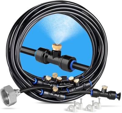 Bewateringssysteem, 6 m mistleiding + 7 messing nevelsproeiers + een messing connector (3/4 inch) buiten-mistersysteem voor tuinirrigatie, planten irrigatie, waternevel koeling terras