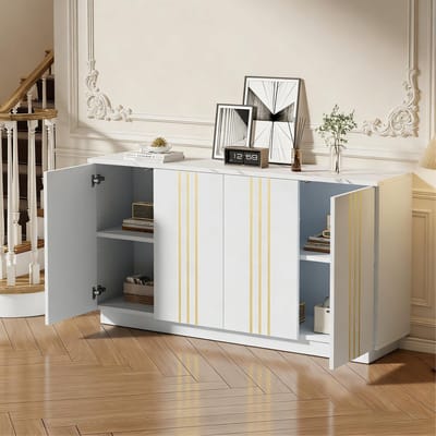 MIVRAY Dressoir - Opbergkast Met 4 Deuren En Verstelbare Vakken - Voor Woonkamer En Hal - Spaanplaat Wit En Goud - 140x35x70 Cm