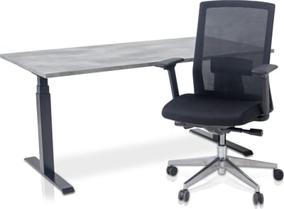 Zit-sta bureau elektrisch verstelbaar + ERGO Bureaustoel | NEN-EN 527 PRO Thuiswerkset | frame bureau zwart - bureaublad betonlook | 160x80 cm