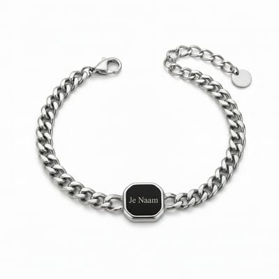 Armband met graveer, Armband met naam, Gepersonaliseerde schakelarmband met zwarte naamplaat – stijlvolle armband met gravure, Armband met naamplaatje ,graveerarmband