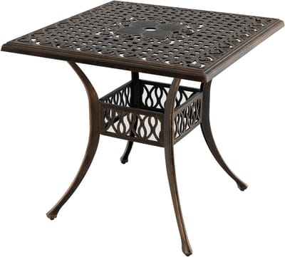 KOMFOTTEU Vierkante tuintafel met 4,8 cm schermgat, balkontafel met verstelbare poten, bistrotafel van gegoten aluminium, eettafel voor balkon, terras, tuin, 80 x 80 x 75 cm