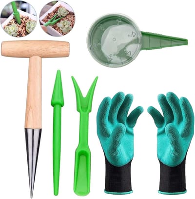 MK Stoer - Piqueerstaafset - Tuinwerkgereedschap - 5-delig - Zaaimachine - Plantenbak - Handschoenen - Geschikt voor Planten en Bloembollen - Planthout