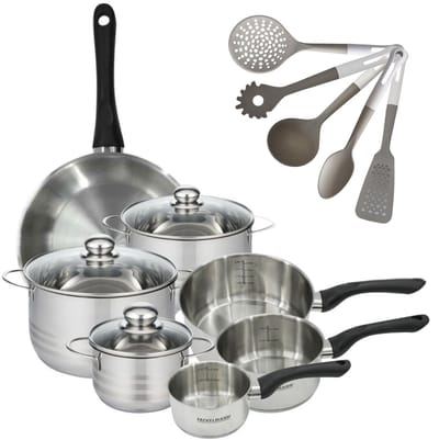 Set van 28 cm Koekenpan, 3 Kookpotten 16/20/24 cm en 3 Steelpannen 12/16/20 cm Fackelmann Geneva en 5 Keukengerei