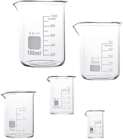 Dailygoods- Maatbekers Set van 5 - Borosilicaatglas - Hittebestendig - Bekerglazen - Capaciteit 5/10/25/50/100 ml - Afgestemd voor laboratoriumgebruik - Laboratoriumglas