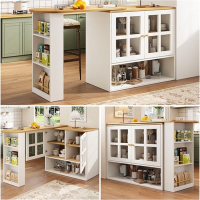 Draaibare Eetbar - Met Snackrek en 5 Opberglagen - Met Glas en Planken - Wit