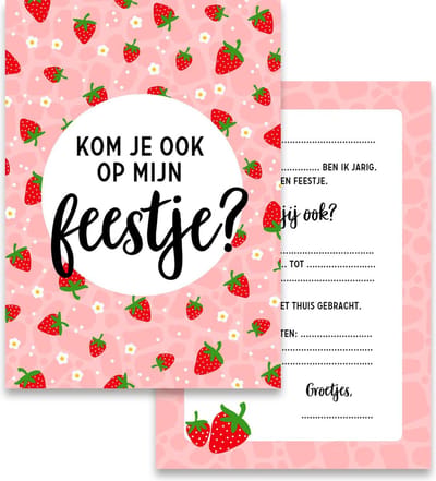 Uitnodiging Kinderfeestje Aardbei | 8 Uitnodigingskaarten | Aardbeienfeest | Verjaardag Meisje | Stevig Karton | A6