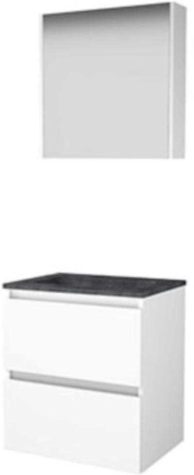 Basic-Line Comfort 46 Badkamermeubelset - 60 x 46 cm - Greeploos - 2 Lades - Hardstenen Wastafel - Zonder Kraangat - Spiegelkast - Ice White