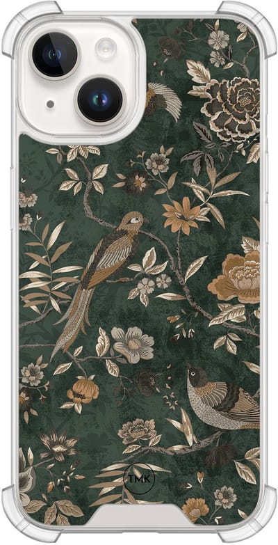 Shockproof hoesje geschikt voor Apple iPhone 14 - Khaki golden flowers - Schokbestendig - Verhoogde randen - TPU case - Extra Sterke Back Cover - Bloemen - Transparant, Groen