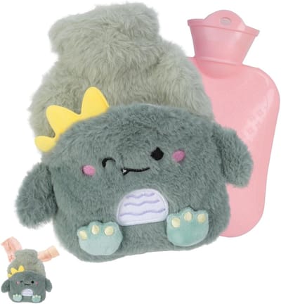 Warmwaterkruik 400ml met Pluche Cover, Zachte en Schattige Warmwaterzak voor Nek- en Schouderpijn, Hand- en Voetwarmer met Dinosaurusthema