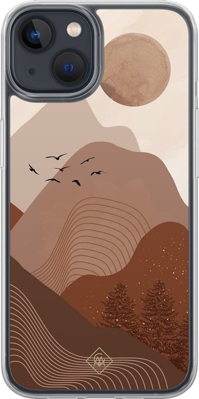 Casimoda® hoesje - Geschikt voor iPhone 13 Mini - Mountain Birds - 2-in-1 case - Schokbestendig - Illustratie - Verhoogde randen - Bruin/beige, Transparant