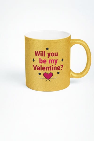 Gouden Glitter Valentijnsmok - 'Will You Be My Valentine?' Beker | Romantisch Liefdescadeau