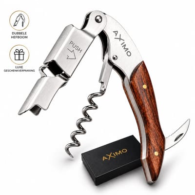 AXIMO Luxe Kurkentrekker met Dubbele Hefboom – Professionele Wijnopener – Kelnersmes Sommelier – RVS – Houten Handvat – Inclusief Geschenkdoos