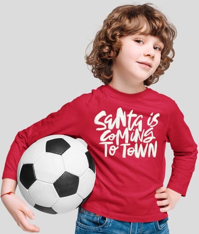 Starry Indigo - KerstKleding / Christmas T-Shirt | kerst cadeau | Santa is Town | Unisex | Rood | Kind 5-6 jaar | Maat 116