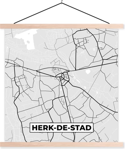 Posterhanger incl. Poster 40x40 cm - Schoolplaat - Stadskaart – Plattegrond – België – Zwart Wit – Herk de Stad – Kaart - Textielposter - Blanke latten - Stadskaart