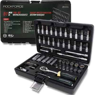 Rockforce - Set gereedschap - 51 elementen - Cr-V staal - 1/4" koppeling