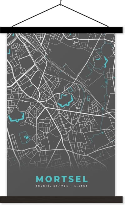 Posterhanger incl. Poster 40x60 cm - Schoolplaat - Stadskaart – Grijs - Kaart – Mortsel – België – Plattegrond - Textielposter - Zwarte latten - Stadskaart