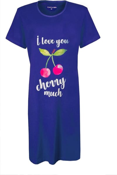 Temptation Dames Nachthemd - Bigshirt - 100% Katoen - Blauw - Maat S