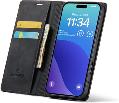 CaseMania Bookcase hoesje geschikt voor iPhone 16 Pro - Effen Zwart - Kunstleer