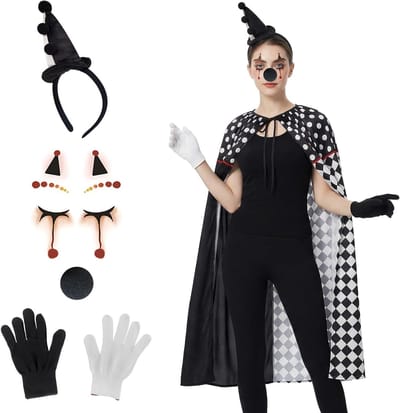 Volwassen clown kostuum met cape, hoed en handschoenen voor carnaval, feest en verkleedpartijen