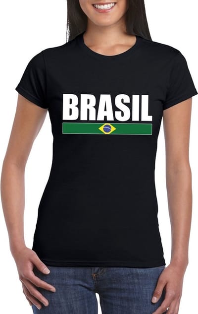 Brazilie supporters kleding t-shirt - voor dames - zwart - met vlag kleuren print - korte mouwen S