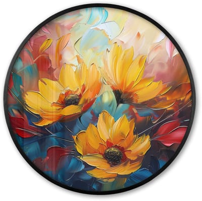 Poster in lijst Rond - Fotolijst 60x60 cm - Posters - Bloemen - Zonnebloemen - Kunst - Geel - Ronde posterlijst zwart - Decoratie - Wanddecoratie woonkamer - Muurdecoratie slaapkamer