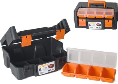 Hobby Gereedschapskoffer Met Uitneembare Organizer – Kunststof Opbergkoffer Met Groot Hoofdvak En 4 Vaste Vakken – Bovenste Transparante Sorteerdoos Met 4 Compartimenten – Dubbele Sluiting – 380 × 295 × 160 mm [10926]