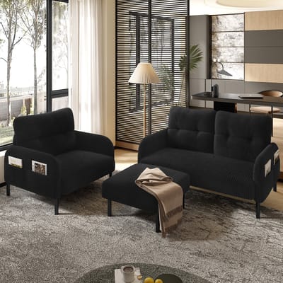 MODFU 3-Delige Zithoekset - 2-Zitsbank, Fauteuil En Hocker - Met Zijvak - Diepe Zitting - Ribstof - Zwart