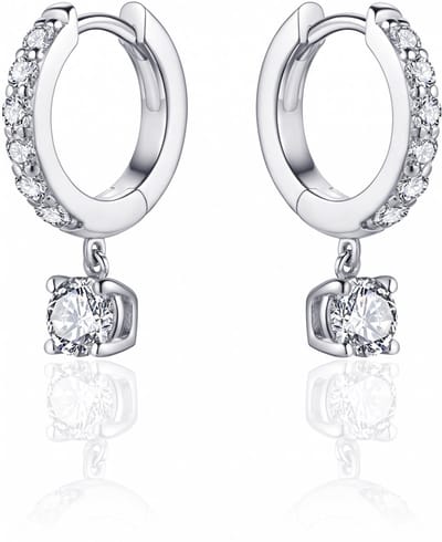 Jewels Inc. - Oorbellen - Oorringen gezet met Zirkonia en beweegbare Zirkonia Steen onder de oorring - 13.5mmØ - 2mm Breed - Gerhodineerd Zilver 925