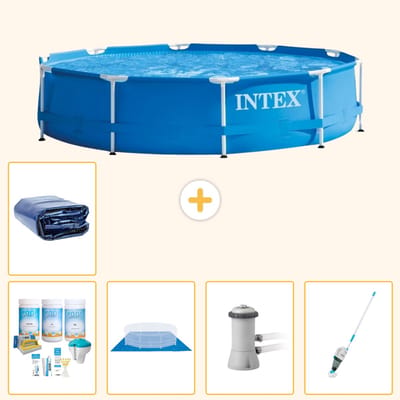 Intex Rond Frame Zwembad - 366 x 76 cm - Blauw - Inclusief Onderhoudspakket - Grondzeil - Zwembadfilterpomp - Stofzuiger - Solarzeil - 6-delig