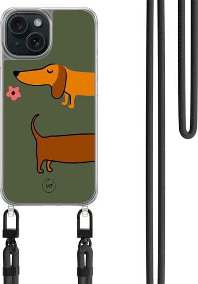 Hoesje met koord geschikt voor iPhone 14 - Sausage stroll - Inclusief zwart koord - Crossbody beschermhoes - Transparant, Bruin, Groen - Mooie Telefoonhoesjes