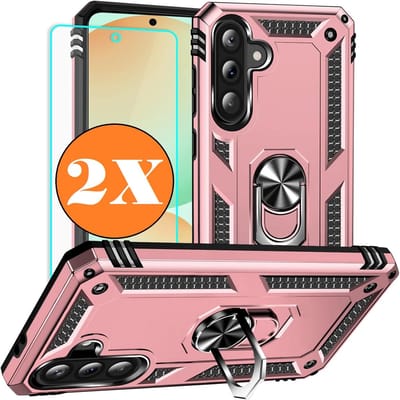 Hoesje Geschikt voor Samsung Galaxy A56 5G Hoesje Rose Goud Anti-Shock Hybrid Armor hoesje Met Draaibare Ring Houder - Samsung A56 Screenprotector 2 pack