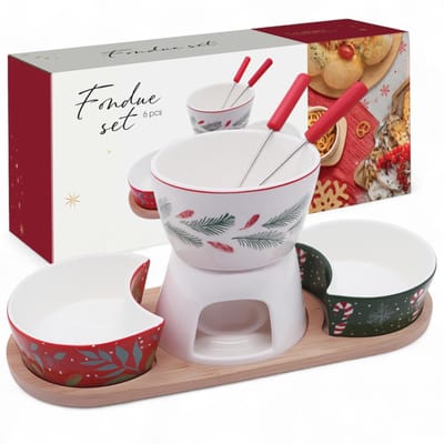 Dailygoods- Fondueset 6-delig - Porseleinen Fonduepan - Roestvrijstalen Vorken - Houten Dienblad - Feestelijke Decoratie - Kerstmotieven